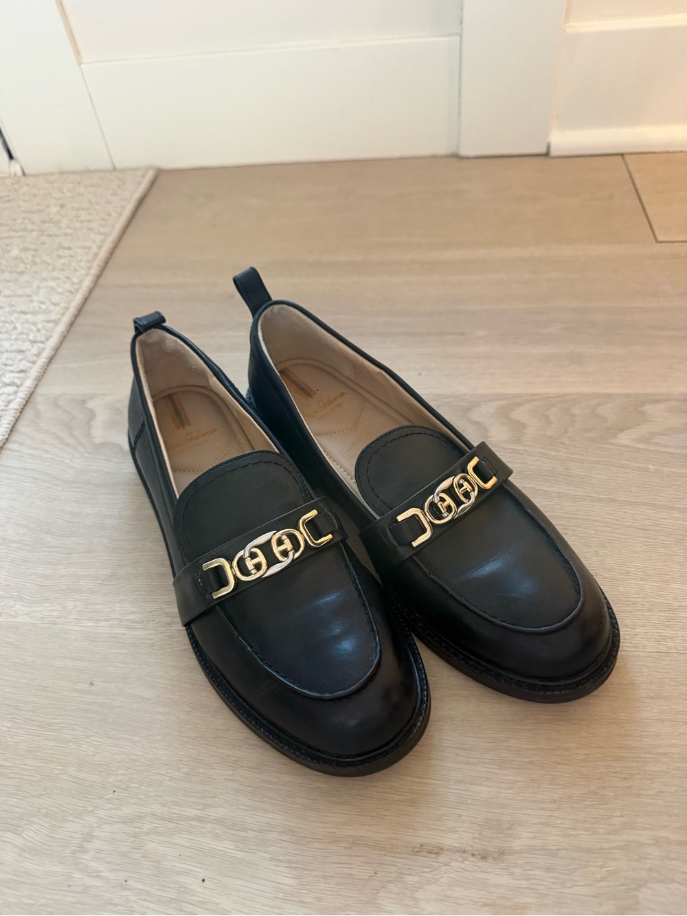 Sam Edelman Black Leather Loafers with Gold Hardware